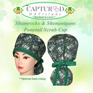 NWOT Womens Scrub Cap Get Shamrocked Ponytail Surgical Bonnet - Handmade